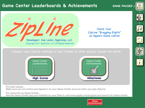 ZipLine's Game Center Info Page